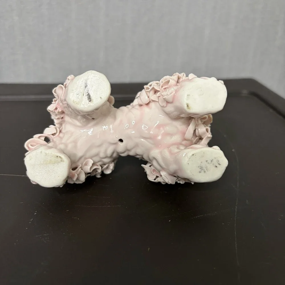 Vintage Spaghetti Pink Poodle Ceramic Figurine Gold Bow Mid Century MCM 60s